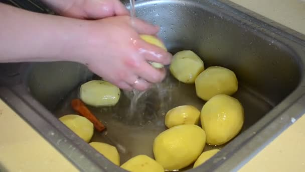手洗净去皮的土豆水水龙头下 — 图库视频影像