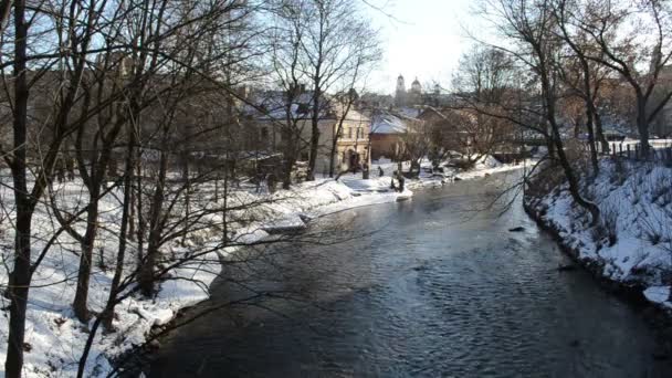 Cold winter day river Vilnele recreate beautiful sunny — Stockvideo