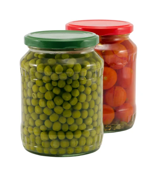 Naturalne groch pomidorów warzyw w puszkach garnek szklany — Zdjęcie stockowe
