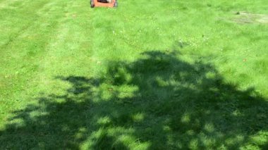 çalışan erkek şort flip-flop ayakkabı mow çim bahçesinde