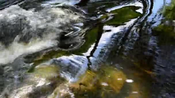 Stream vatten flöde stenar och retro stenmur bygga bro — Stockvideo
