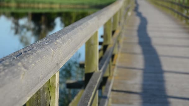 Trä sjön bro räcke närbild oskärpa fokus förändring vatten — Stockvideo