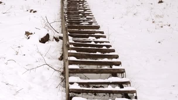 Escaleras de madera barandillas enorme empinada colina cubierta nieve invierno parque — Vídeo de stock