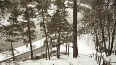 neris Nehri kütlesi buz akımı kış ahşap park merdiven arabalar gitmek