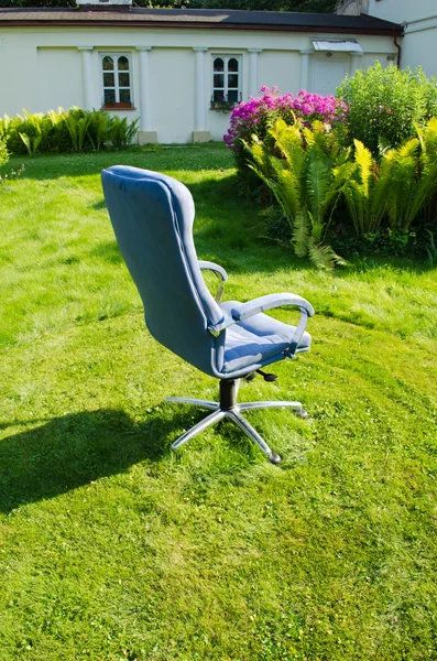 日当たりの良い牧草地にブルーのオフィスの椅子 — ストック写真