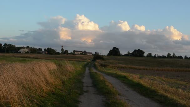 Schnelle Ansicht ländliche Schotterstraße Feld Bauernhof Gebäude Wolkenhimmel — Stockvideo