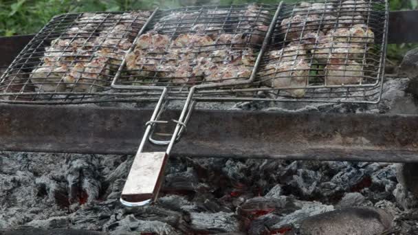 Shashlik carne fresca al horno rejilla de metal en la chimenea fuego calor — Vídeo de stock