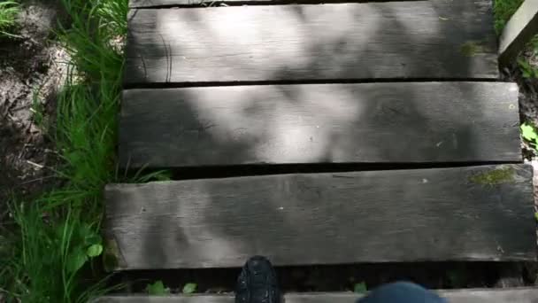 Jambes homme avec des chaussures noires descendent sur un vieil escalier en bois dans le parc — Video