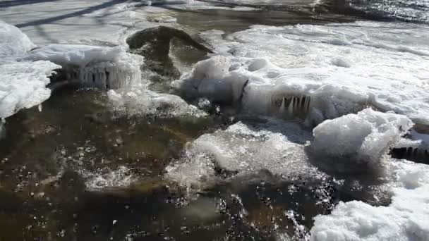 Torrente selvatico cataratta ghiaccio acqua rapida ghiaccioli bella luce del sole — Video Stock