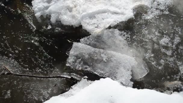 Partly frozen rapid brook water flow stream air bubble winter — Stock Video