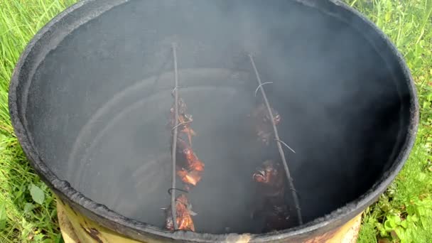 Fish hang smoke in smokehouse rusty barrel — Stock Video