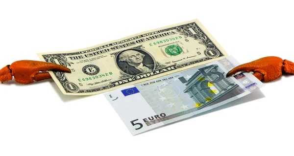 Καρκίνος καβούρι νύχι Ευρωπαϊκό ευρώ ΗΠΑ dollor απομονωθεί — Φωτογραφία Αρχείου