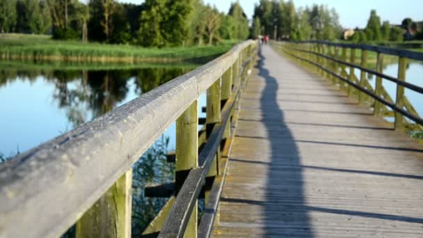 Träbro räcke närbild promenad — Stockvideo