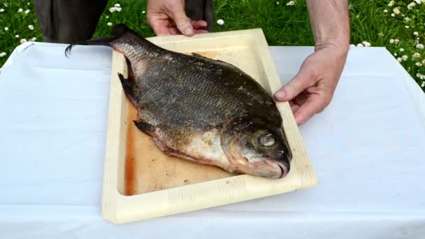 Besugo pescado preparado para hornear en fuego hoguera brasa hoja de ceniza — Vídeo de stock