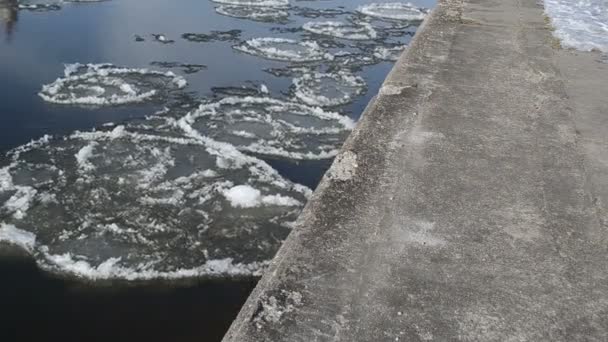 Pieces of frozen snow floats down the river along the edge — Stock Video