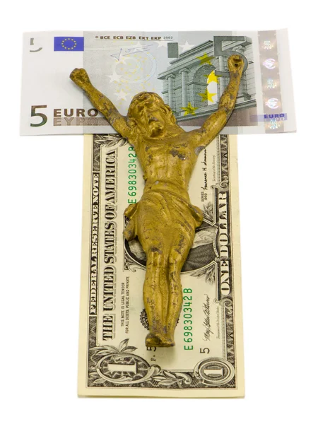 概念黄金耶稣钉在十字架上欧元美元现金白色 — 图库照片