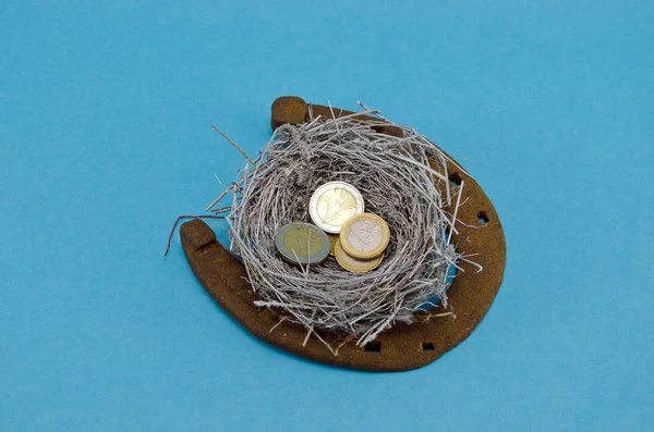 Retro ferrugento ferradura prata pássaro ninho euro moeda — Fotografia de Stock