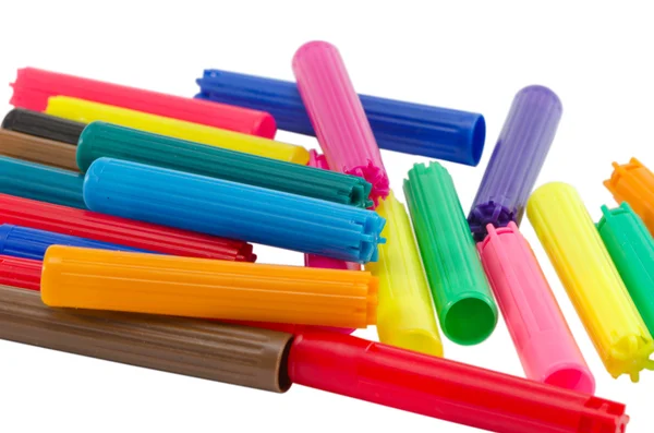 Pile heap colorful felt tip pen cap isolated white — Stock Photo, Image