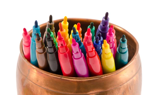 Colorful felt-tip pens copper bowl without caps — Stock Photo, Image