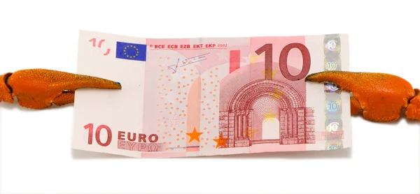 Krebs klaut Zehn-Euro-Schein Bargeld isoliert — Stockfoto