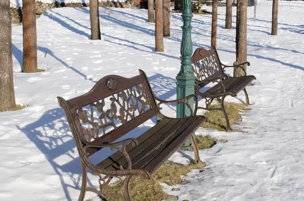 Retro-Dekor Bänke Park Baumstamm Schnee Winter — Stockfoto