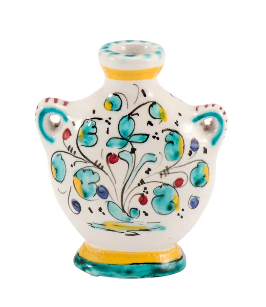 Ręcznie wazon ceramiczny płaski sztuki kwiat na białym tle — Zdjęcie stockowe
