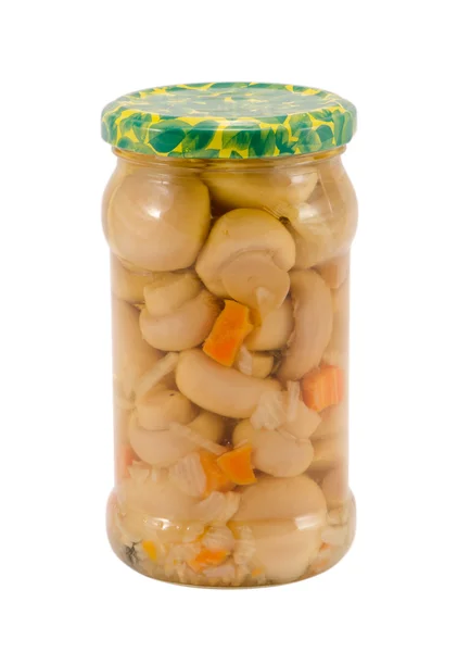 Marinated champignon mushrooms glass jar isolated — Stock Photo, Image