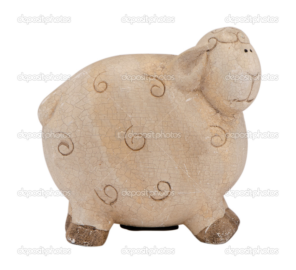 cute clay sheep lamb piggybank money box on white