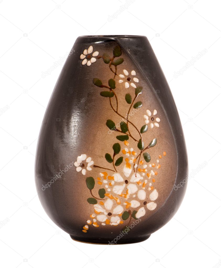 Brown Handmade Clay Vase Flower Paint On White Stock Photo