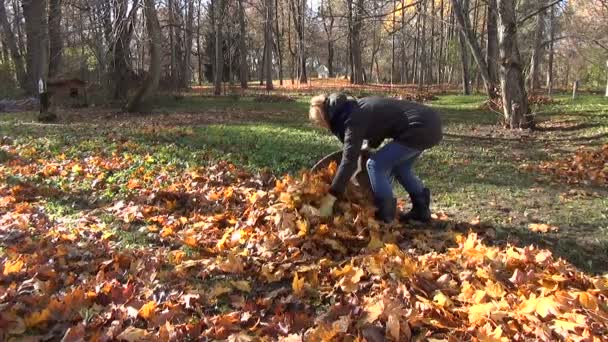 Kvinnan lämnar väskan trädgård — Stockvideo