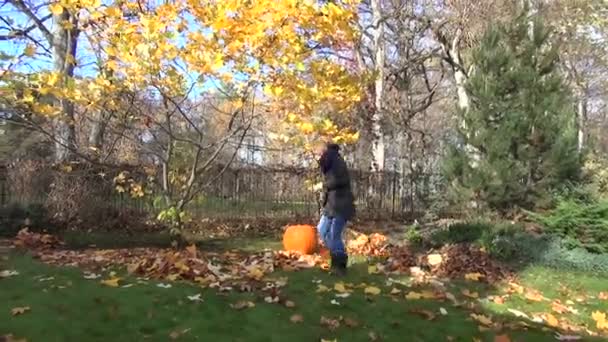Trädgård träd rake kvinna — Stockvideo
