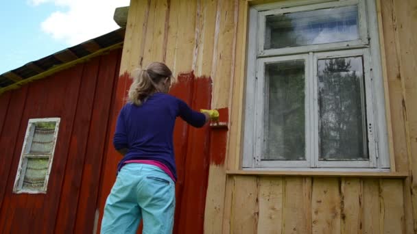 Painter woman brush wall — Stock Video