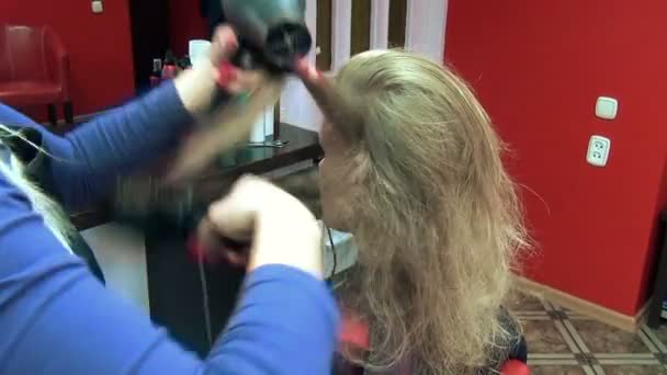 Damensalon mit trockenem Haar — Stockvideo