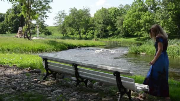 Park bench rivier — Stockvideo