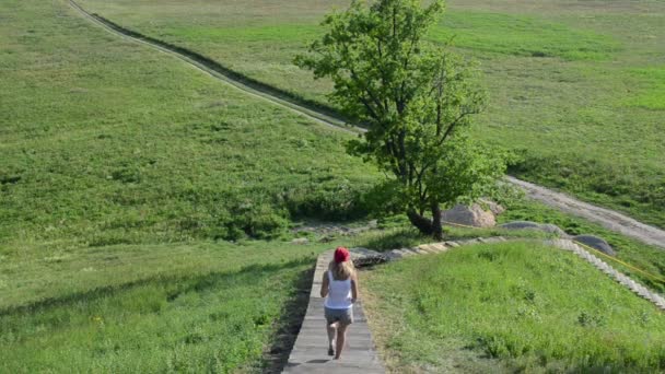 Menina montanha turística monte — Vídeo de Stock