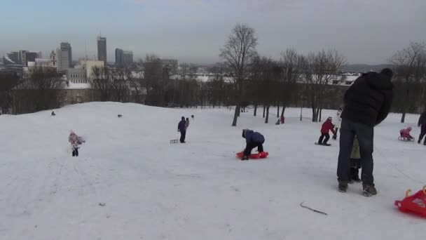 Bambino scivolo collina inverno — Video Stock