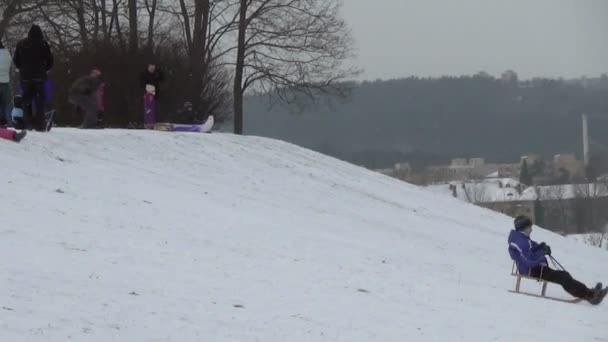 Hiver traîneau enfant colline — Video