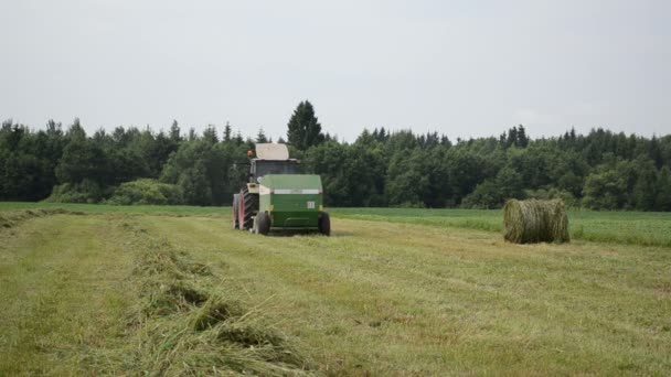 Трактор собирает сено — стоковое видео