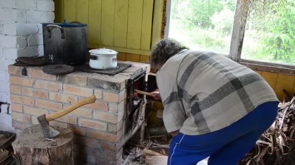 Mujer estufa de leña cocina — Vídeo de stock