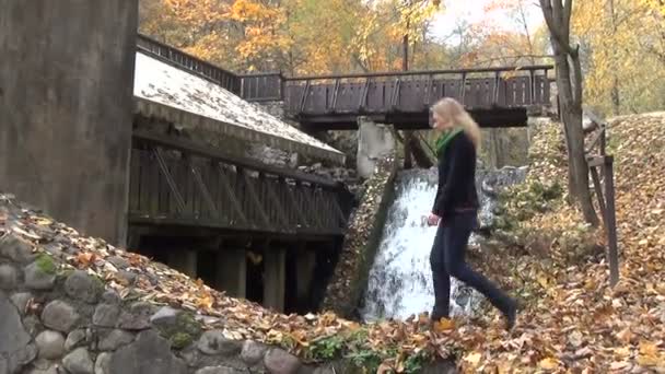 Woman leaves waterfall — Stock Video