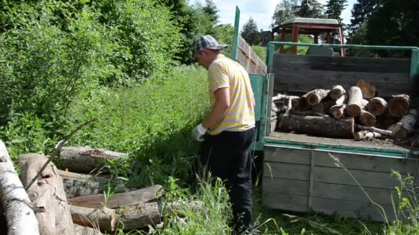 Рабочий лесозаготовки трактора — стоковое видео