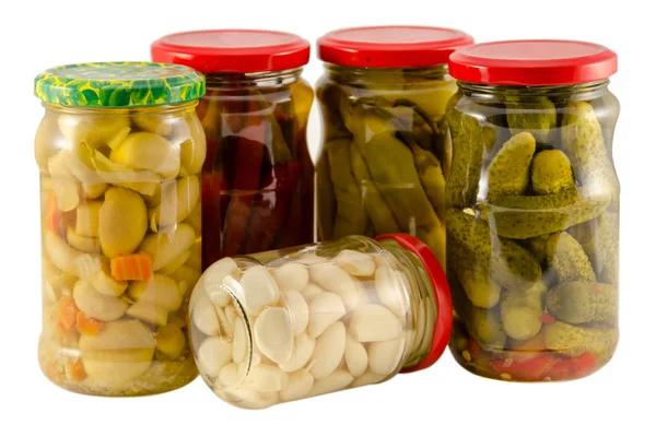 Set jars of pickled vegetables for winter resource — Stock Photo, Image