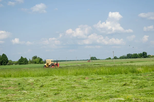 Régi traktor vágott fű nyári nap ország táj — Stock Fotó