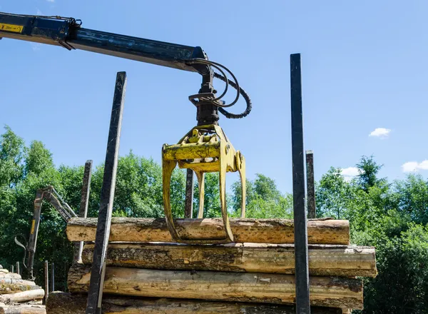 Wood machinery cutter loading cut logs on trailer — Stock Photo, Image