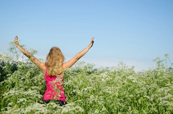 Girl put hands to sky tall caraway grass summer — Stock Photo, Image