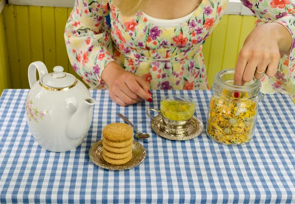 Mão menina preparar chá de erva calêndula — Fotografia de Stock