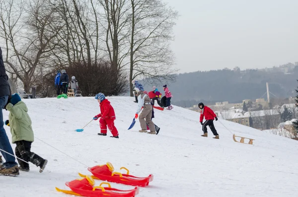 Active children fun in winter on hill with sledge — Stock Photo, Image