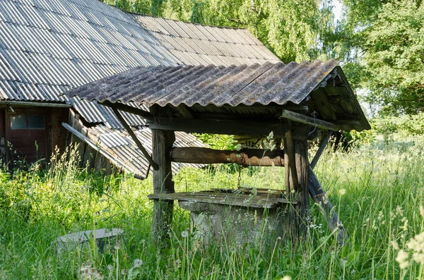 Old derelict rural manhole covered with tall grass — Stock Photo, Image