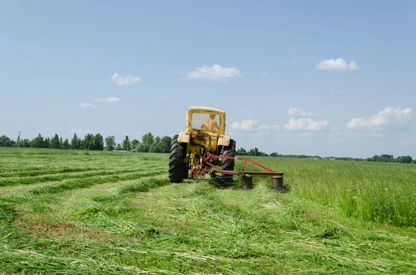 Traktor membuat belokan tajam dan daun memotong jumbai rumput — Stok Foto