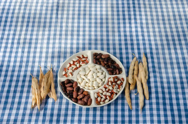 Plate dried beans mix pod on checked tablecloth — Stock Photo, Image